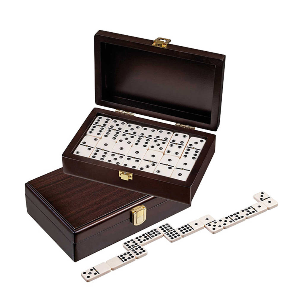 Domino dubbel 9 walnoten box 20x12,5cm Domino in walnoten box