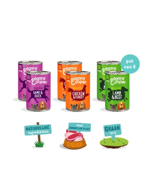 Edgard&Cooper Blik Multipack Dog Adult - Hondenvoer - Kip Wild Lam 6x400 g