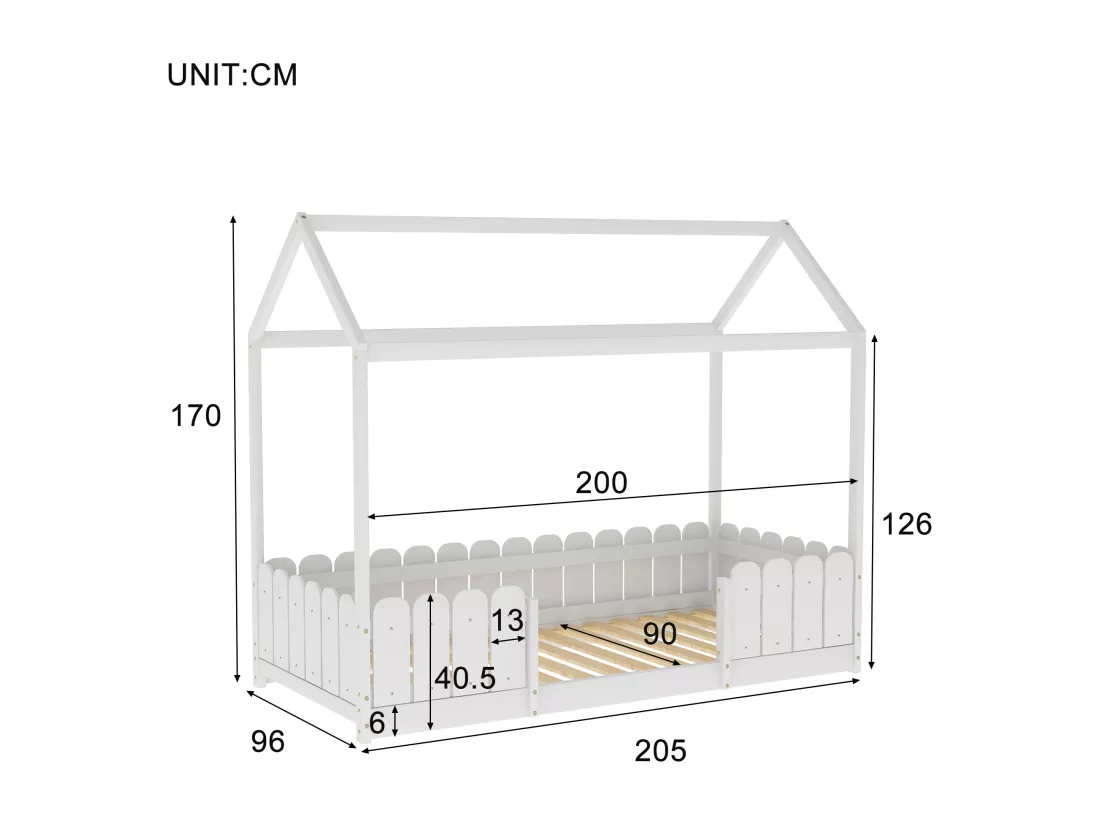 Lit cabane 90x200 cm - Avec protection antichute - Blanc - Sweiko