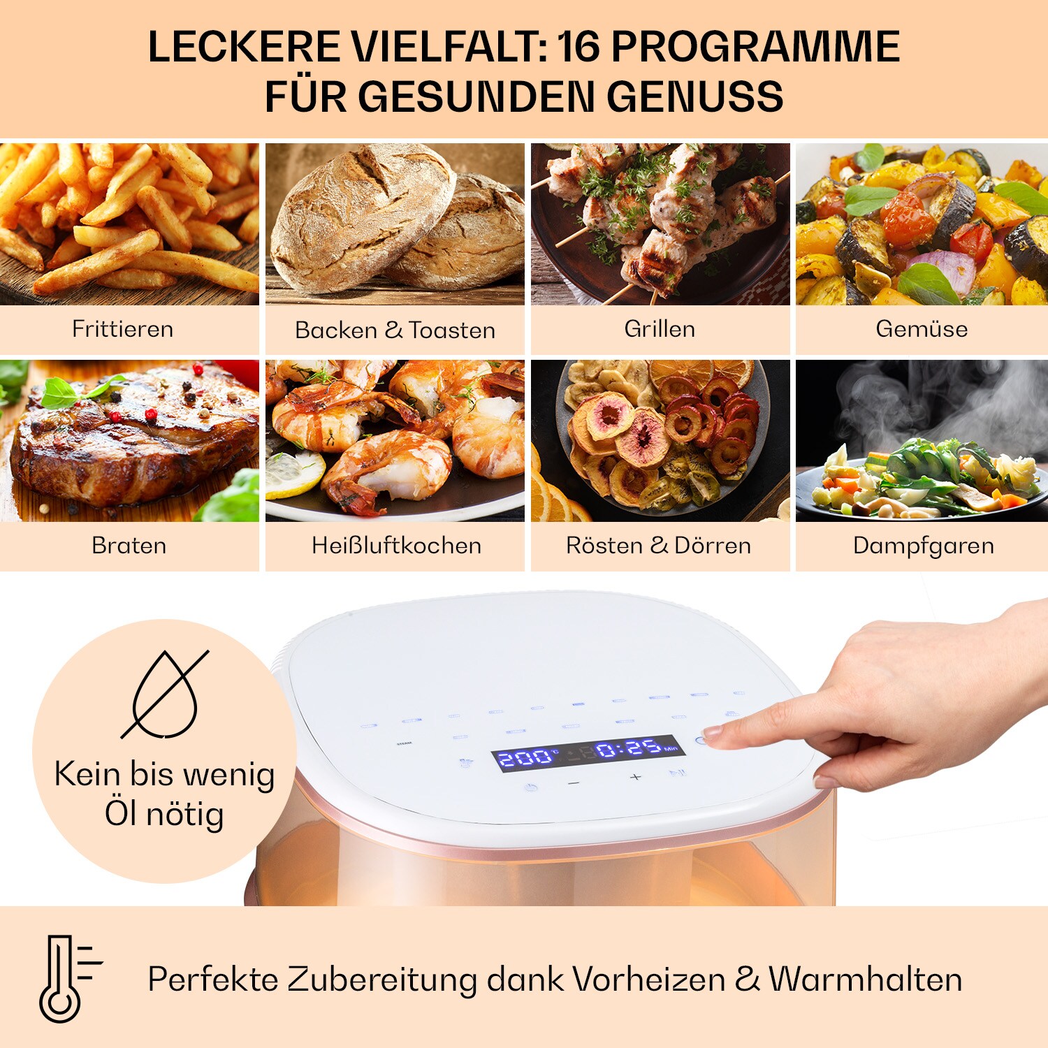Air Bloom Heißluftfritteuse Dampffunktion 1500W 7,5 Liter 16 Programme