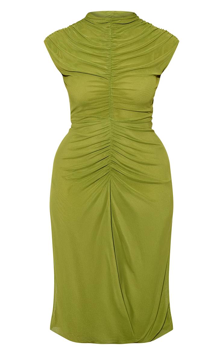 Vert Robe Moulante Mi-longue À Encolure Froncée, Manches Courtes Et Découpe