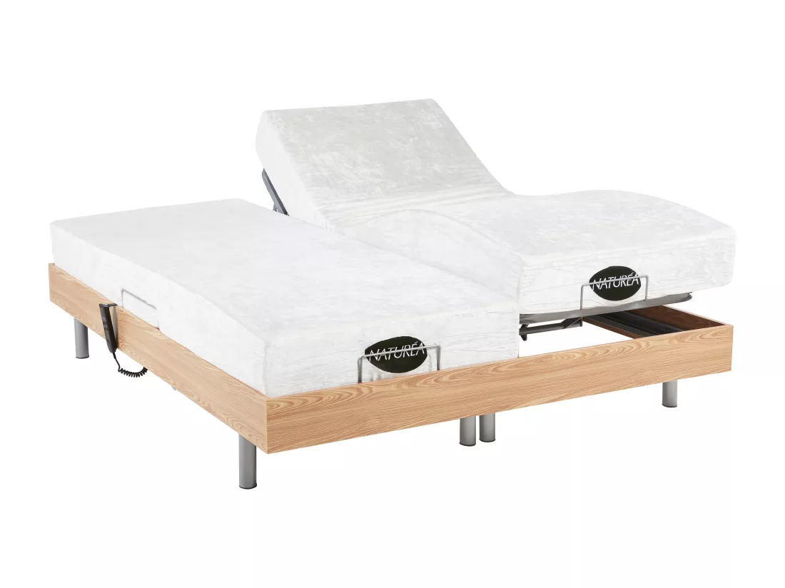 Lit électrique de relaxation tout plots + matelas mémoire de forme et bambou - 2 x 80 x 200 cm - Chêne - LYSIS III de NATUREA