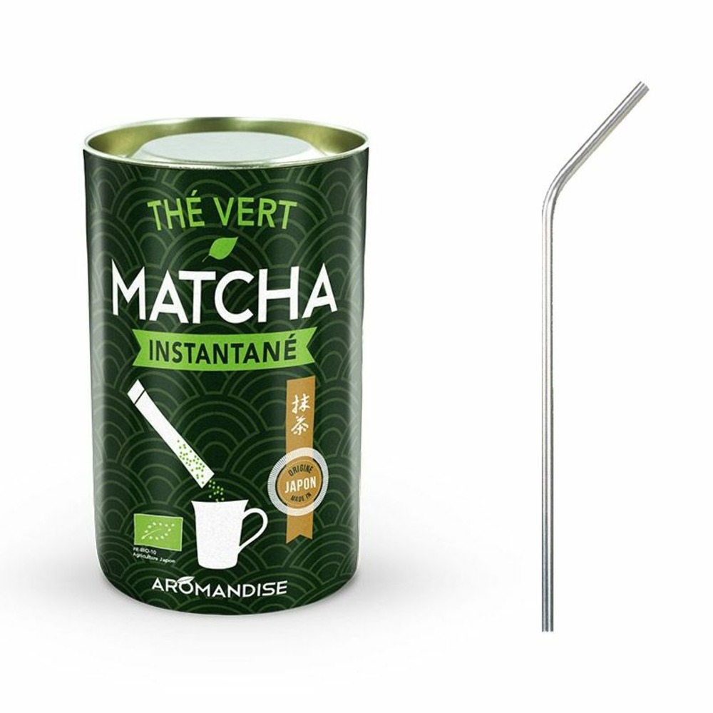 Thé vert matcha instantané en sticks + 4 pailles en inox