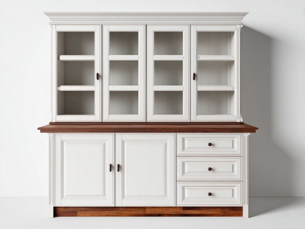 Vaisselier style classique bois blanc et plateau brun avec 4 portes vitrées et 3 tiroirs