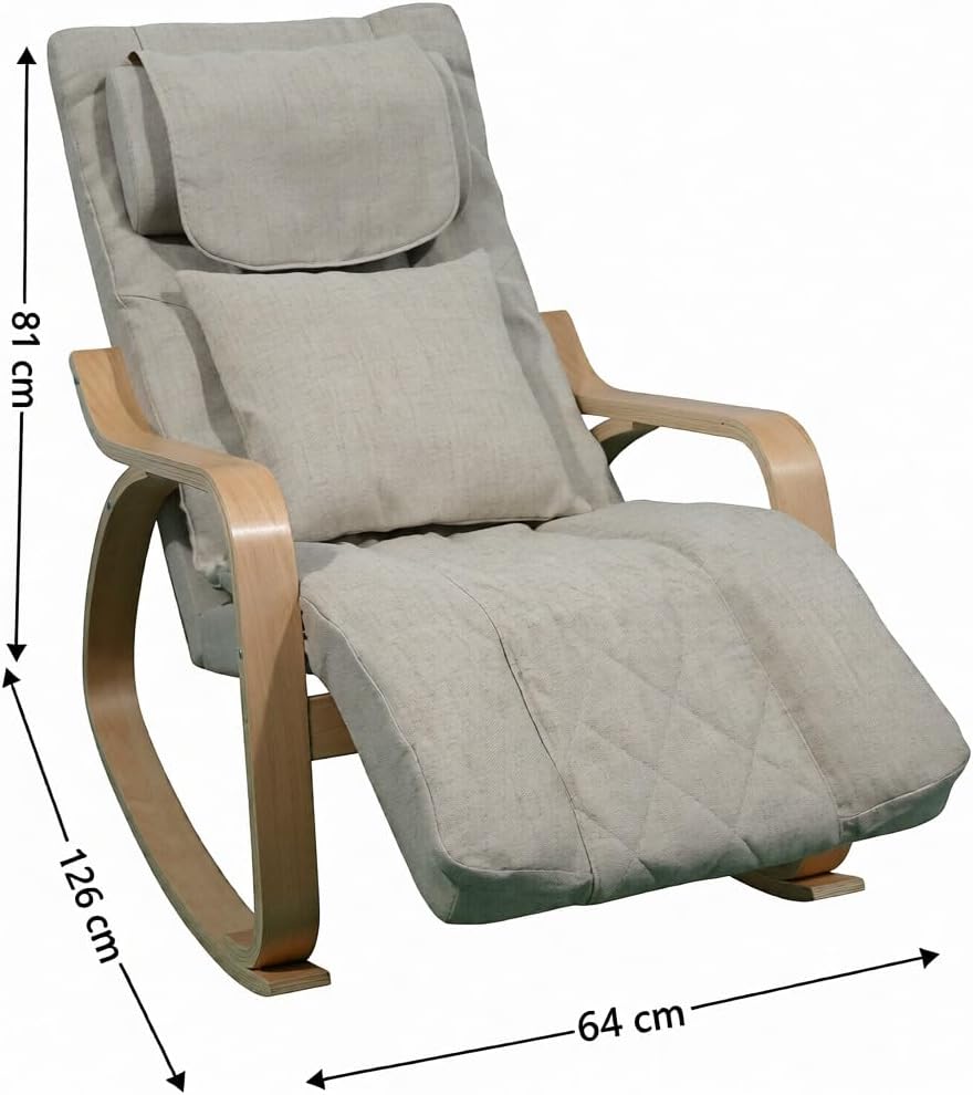 Massage Schaukelstuhl, Relaxsessel, Fernsehsessel mit 3 Zonen Massage, Massagesessel mit Waermefunktion verstellbare Kopfstuetzte und Fußstütze, Bezug abnehmbar 150kg belastbar, Beige