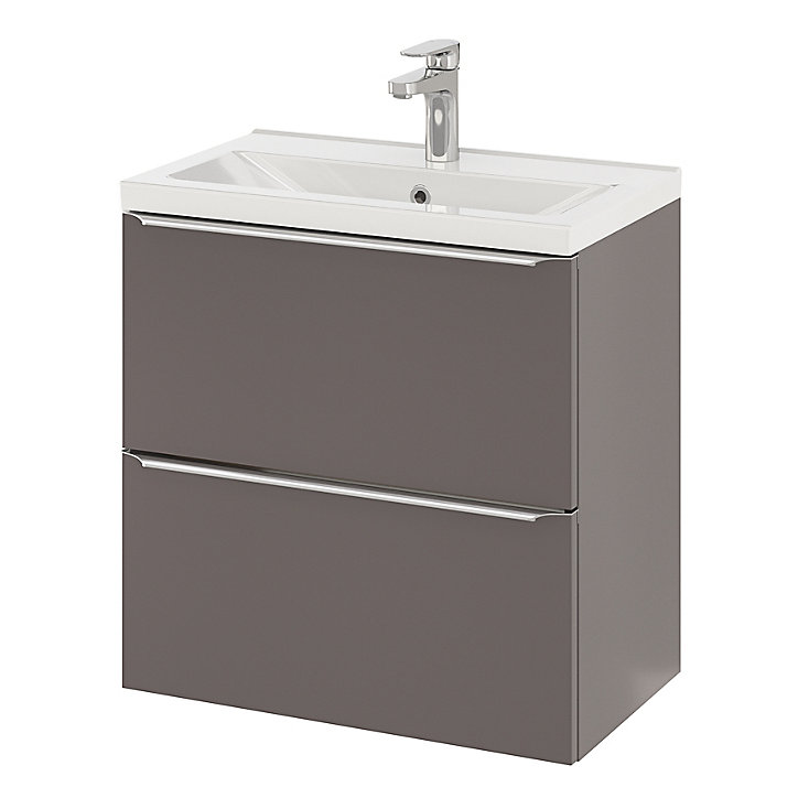 Ensemble salle de bains l.60 cm meuble à suspendre faible profondeur Imandra gris taupe brillant + plan vasque céramique blanc
