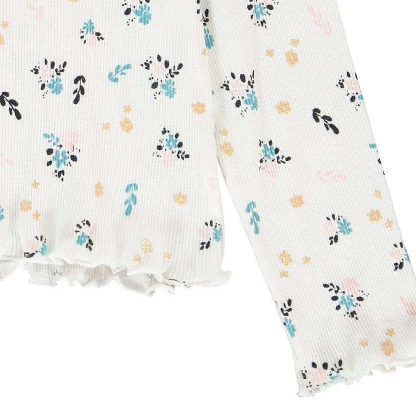 T-shirt manches longues côtelé imprimé fleuri pour fille - Ecru
