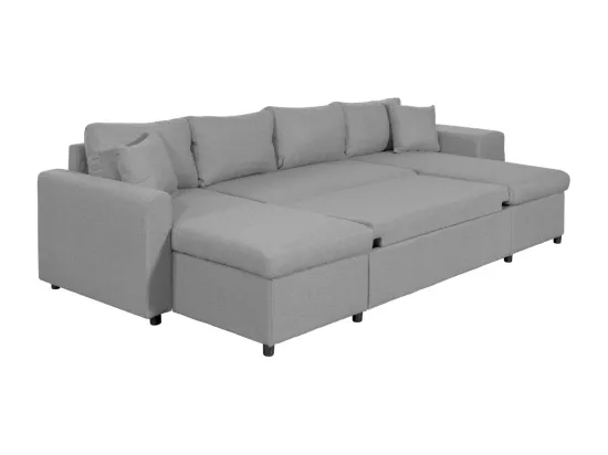 Canapé d'angle panoramique Oslo convertible avec coffres et poufs à droite - Tissu - Gris clair - L311 x P146 x H81cm - Loungitude