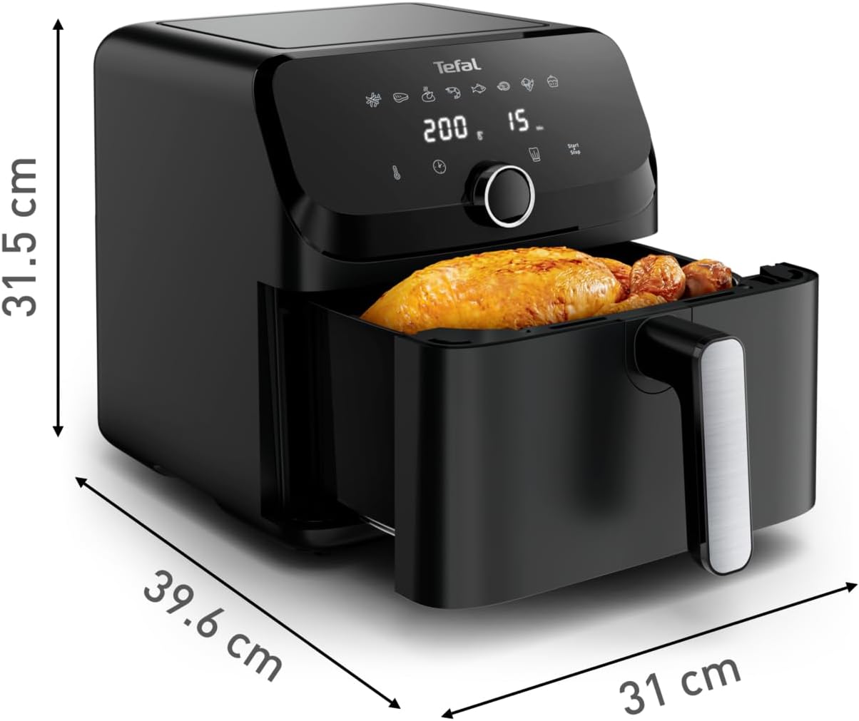 Tefal Easy Fry Mega Heißluftfritteuse, 7,5 Liter Fassungsvermögen, bis zu 8 Personen, 99% weniger Fett, 8 automatische Gareinstellungen, digitales Display, spülmaschinengeeignet, Schwarz, EY8558E0