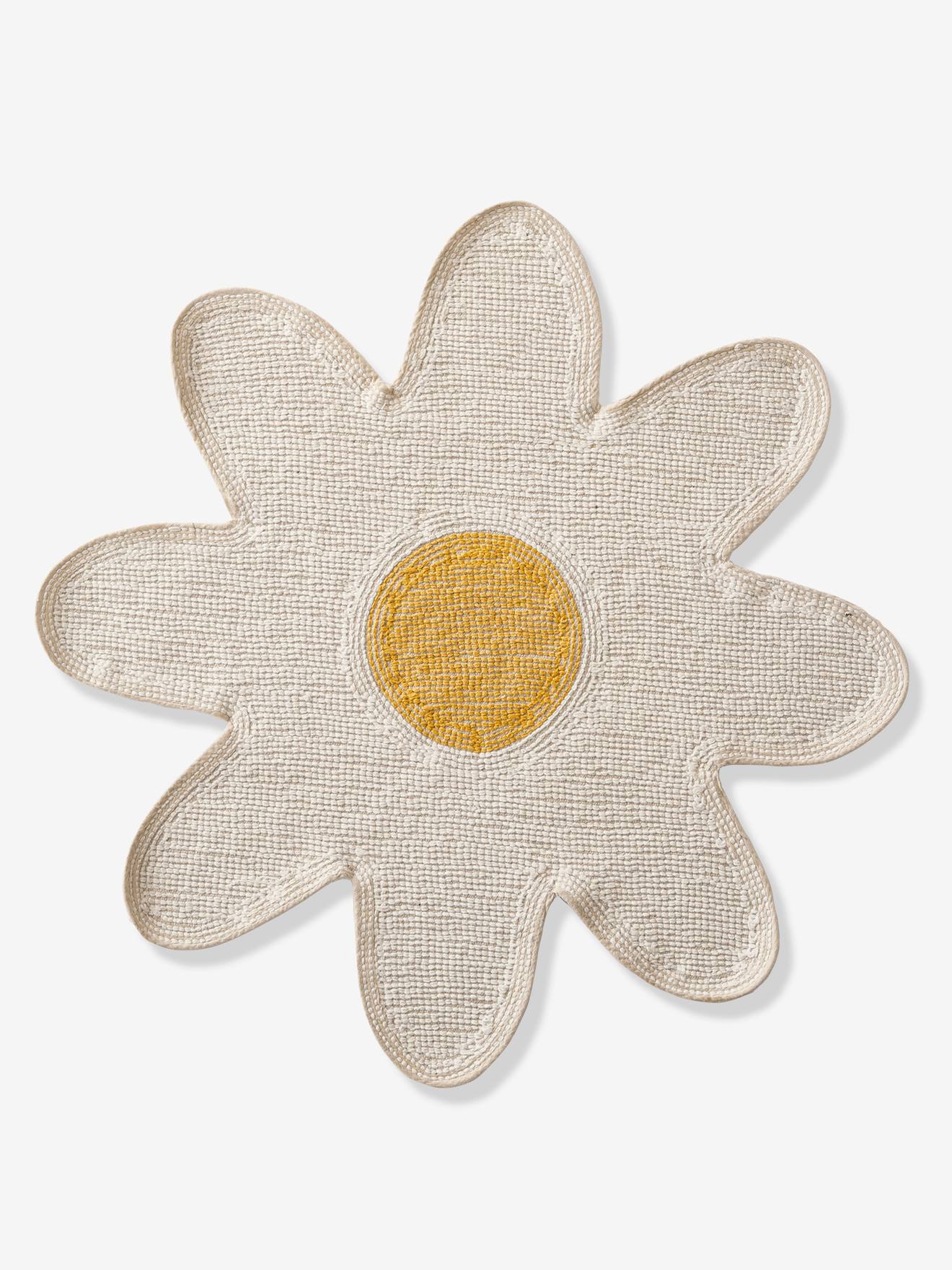 Tapete de banho felpudo, branco claro, com estampa floral lisa.