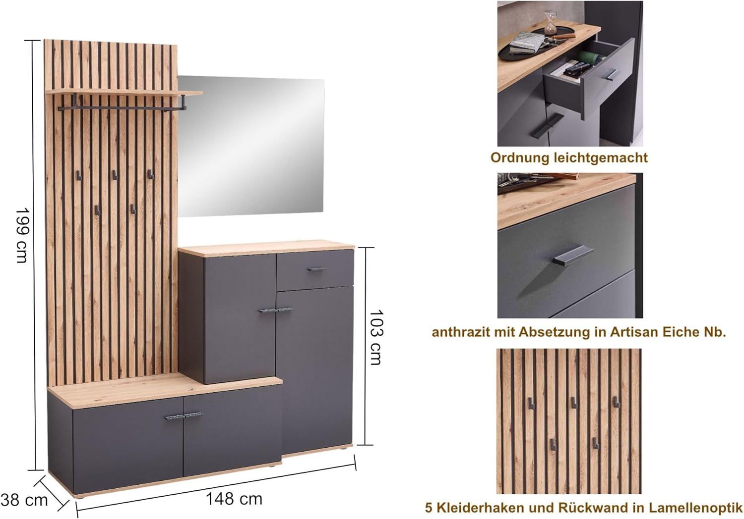 moebel-dich-auf Garderoben-Set Como Flurgarderobe Wandgarderobe Paneel + Schuhschrank + Spiegel (anthrazit/Artisan Eiche Nb., Garderobe)