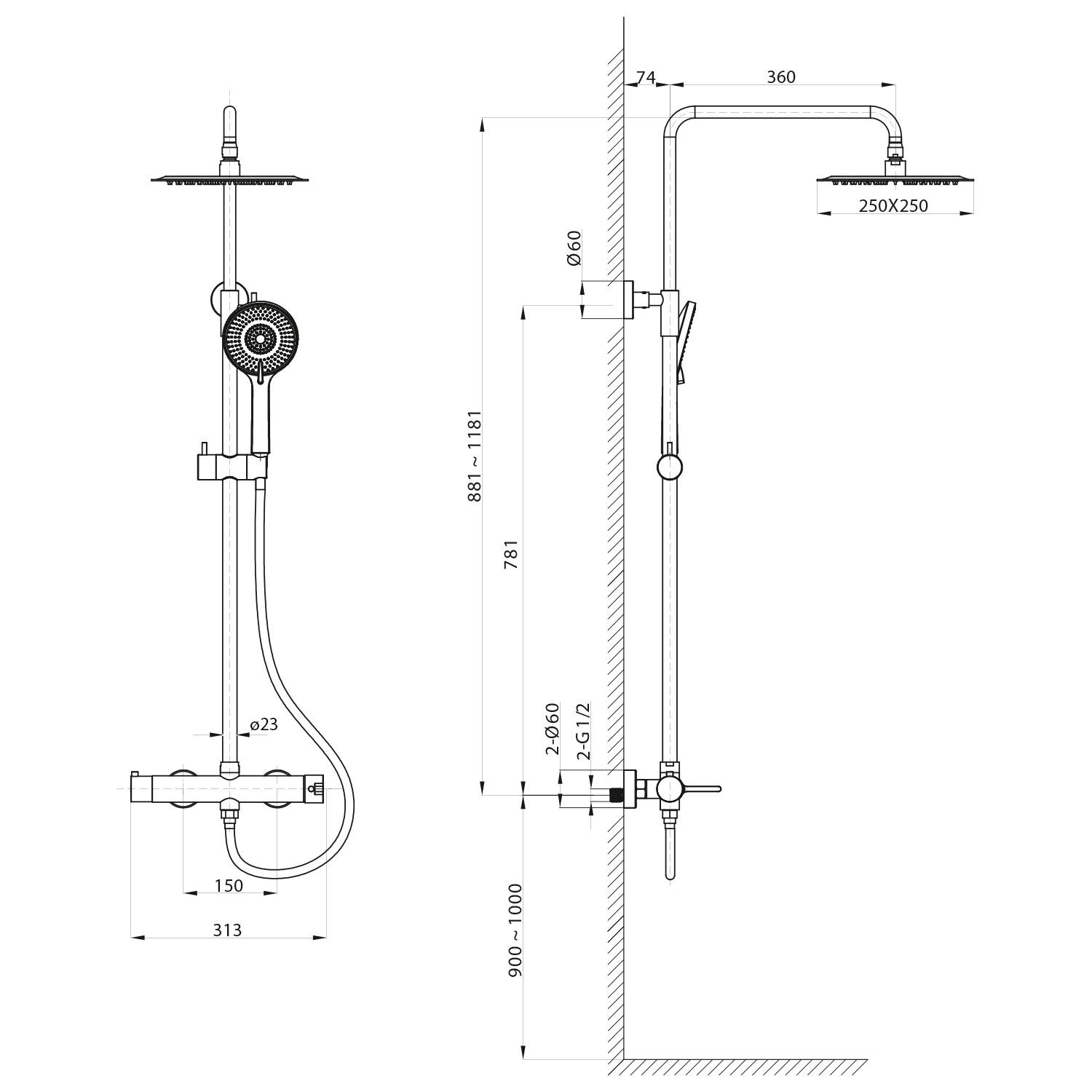 Sapho Iconic opbouw regendouche 25cm met thermostaatkraan chroom