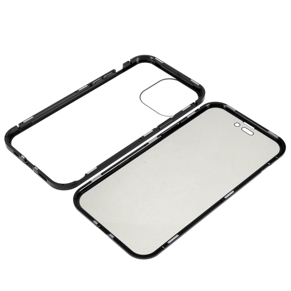 iPhone 14 Pro Magnetische Alu Schutzhülle mit Panzer Glas Backcover   Privacy Glas Displayschutz (Magnet-Technologie) - Schwarz