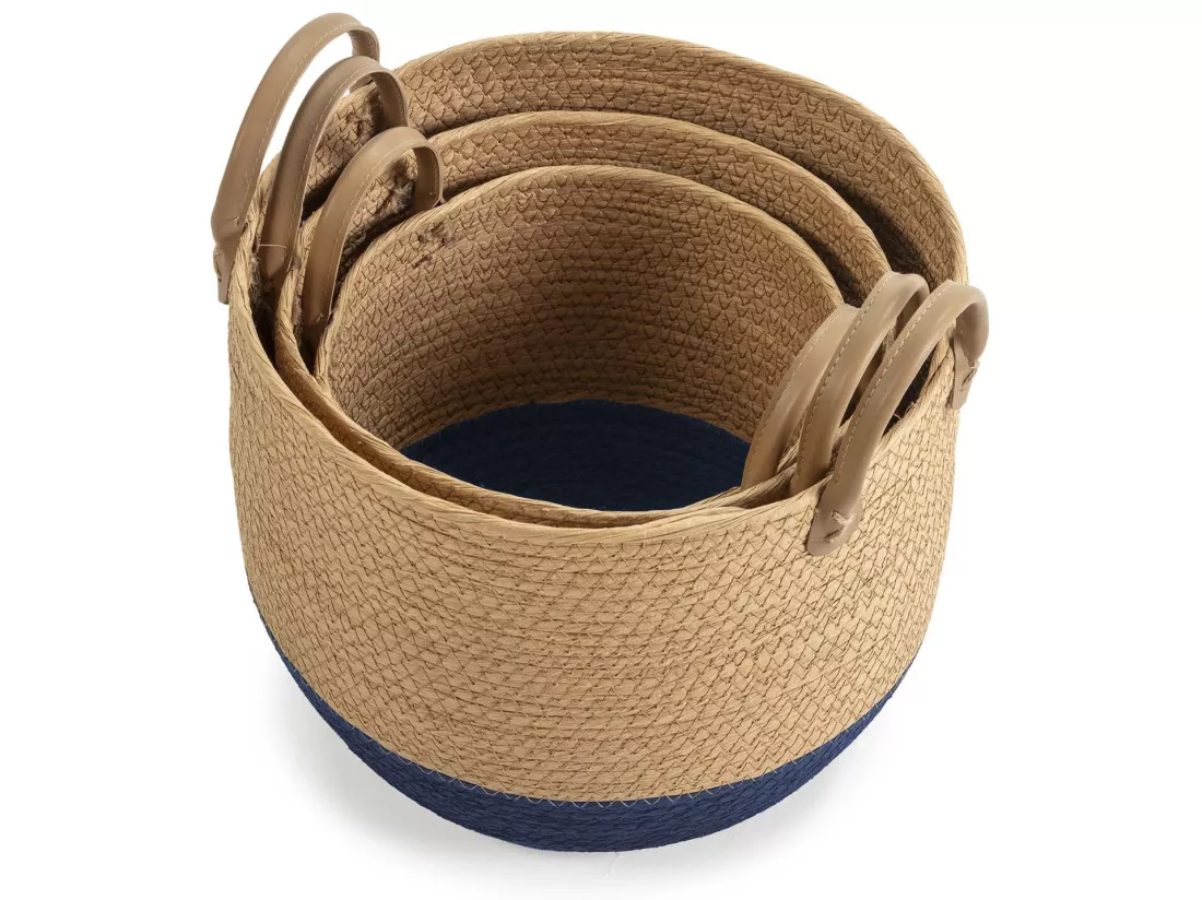 Set de 3 paniers Tecla fibre naturelle, bleu/naturel