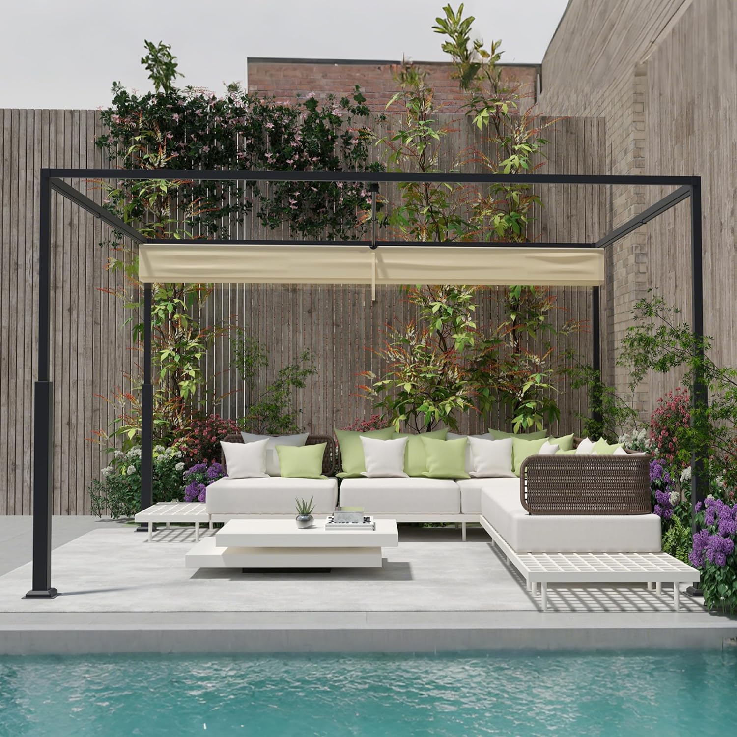 UISEBRT Metall Pergola 3x4 m wasserdicht stabil Winterfest,Pavillon mit lamellendach,überdachung freistehend mit Schiebedach Sonnenschutz für Gärten und Terrassen,Beige