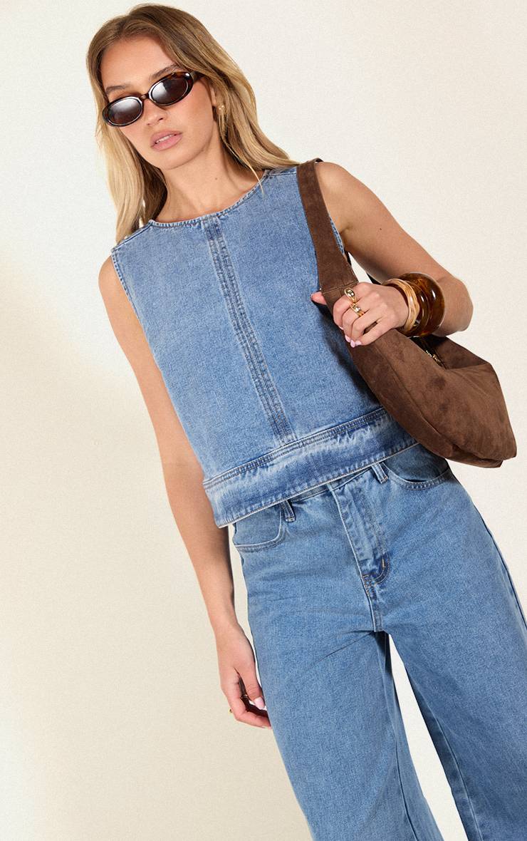 Mid Blue Wash Haut En Denim Boxy Écru Sans Manches À Col Rond