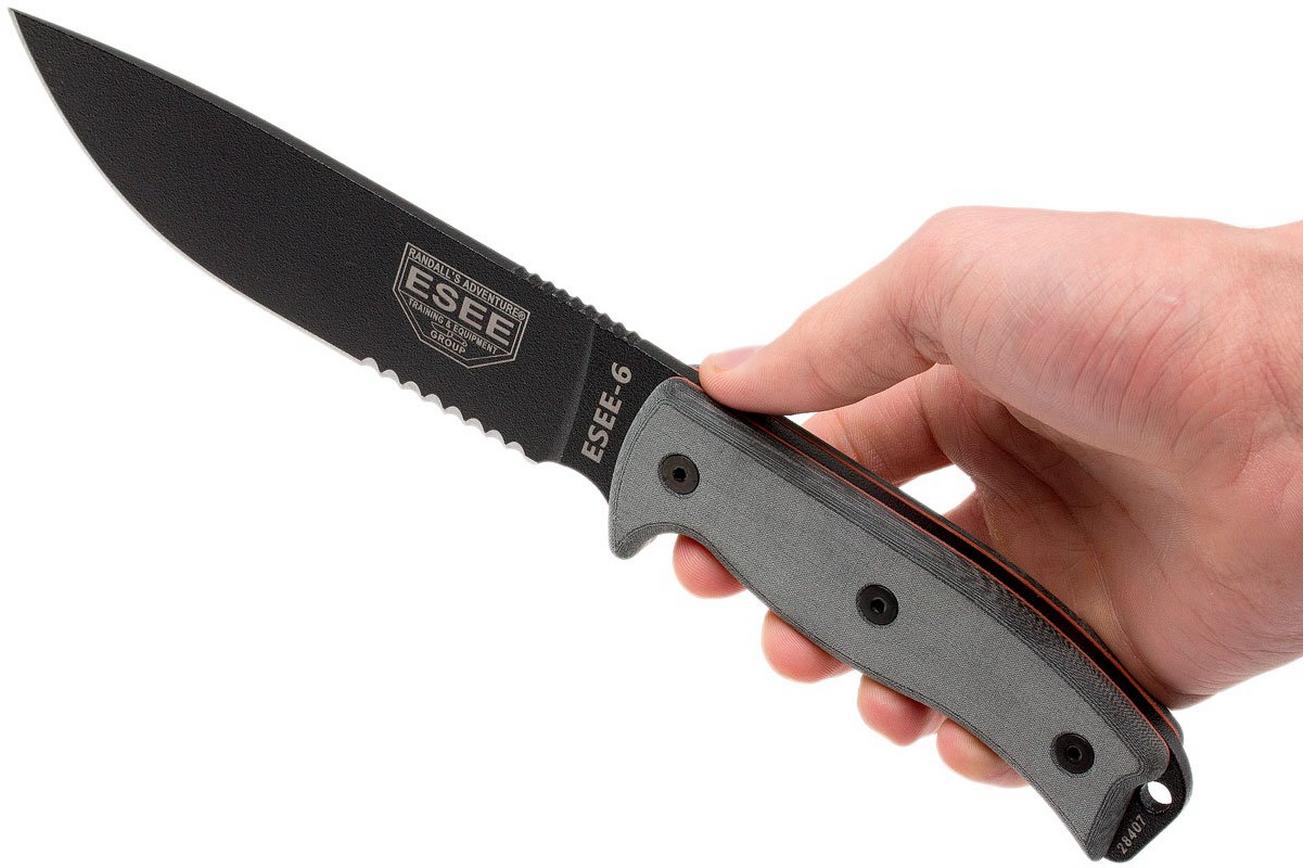 ESEE Model 6 Serrated 6S survivalmes met bruine schede   riemclip