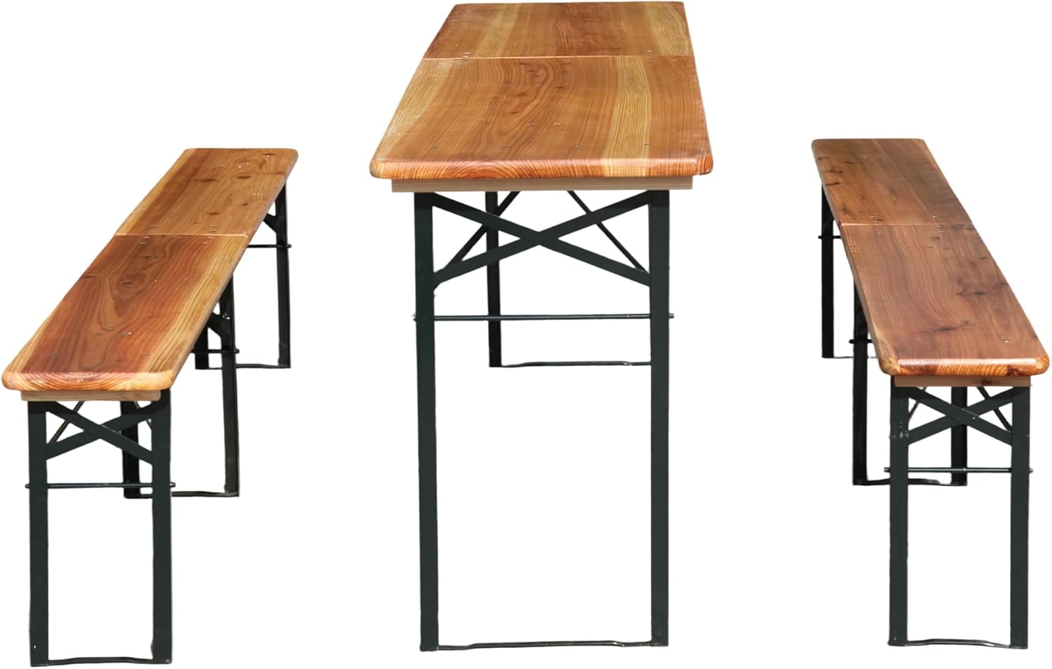 Faltbare Bierzeltgarnitur 220 cm, 3 teilig mit 1 Klapptisch & 2 Bierbänken, wetterfeste Massive Kiefer, verstärkter Metallrahmen, bis 200 kg belastbar, Festzeltgarnitur für Garten & Camping