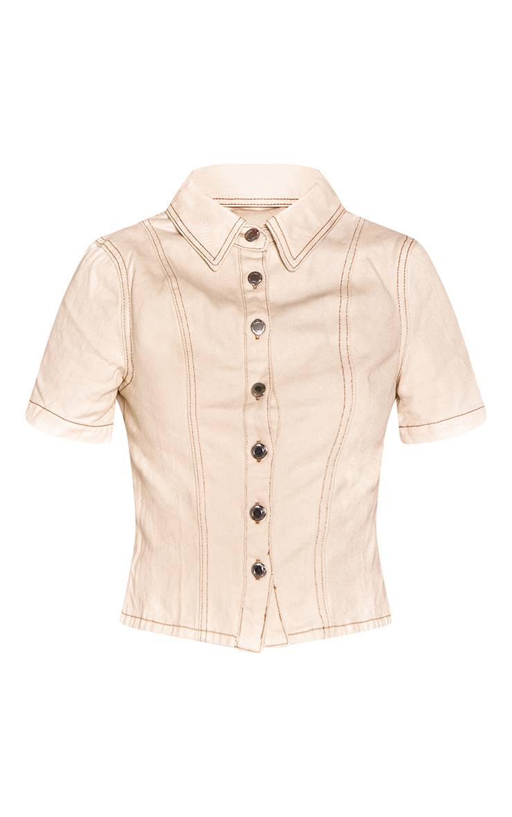 Ecru Chemise En Denim À Manches Courtes Boutonnée