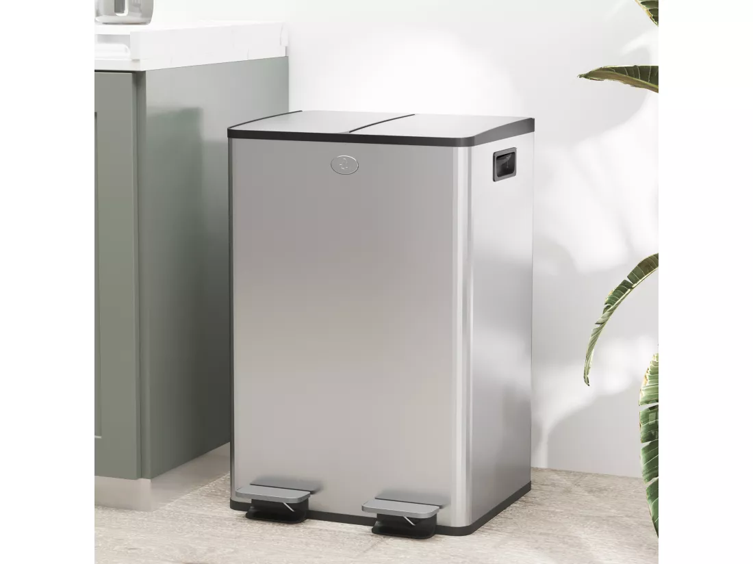 Poubelle de cuisine double, 2 x 28L, poubelle à pédale en acier inoxydable, 2 couvercles à fermeture douce, seaux intérieurs amovibles et poignées anti-empreintes digitales 45,8x36x67,6cm
