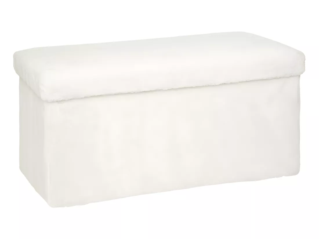 Pouf et Coffre de rangement en bois et Fourrure Blanche 76 x 38 cm