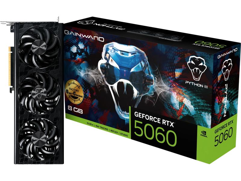 Gainward Grafikkarte GeForce RTX 5060 Python III OC Gamer-Grafikkarte mit 8 GB GDDR7-Speicher, ermöglicht Auflösungen bis zu 8k
