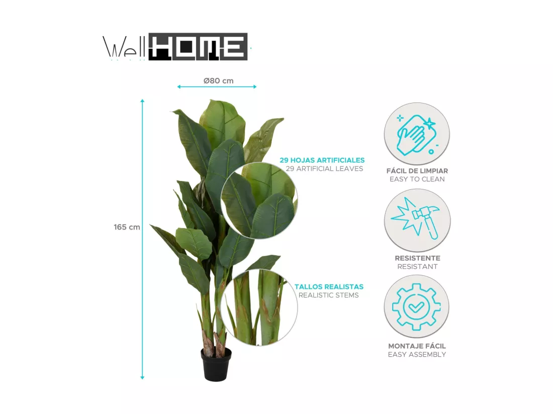 Plante Artificielle Well Home avec 29 Feuilles et 3 Branches -Ø80 x 165cm