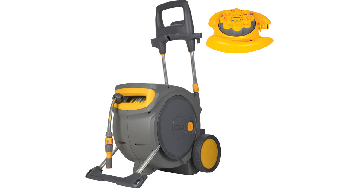 HozelockAuto Reel Mobile slangenwagen met 35 m slang + Multi Sprinkler  (Grijs/geel)