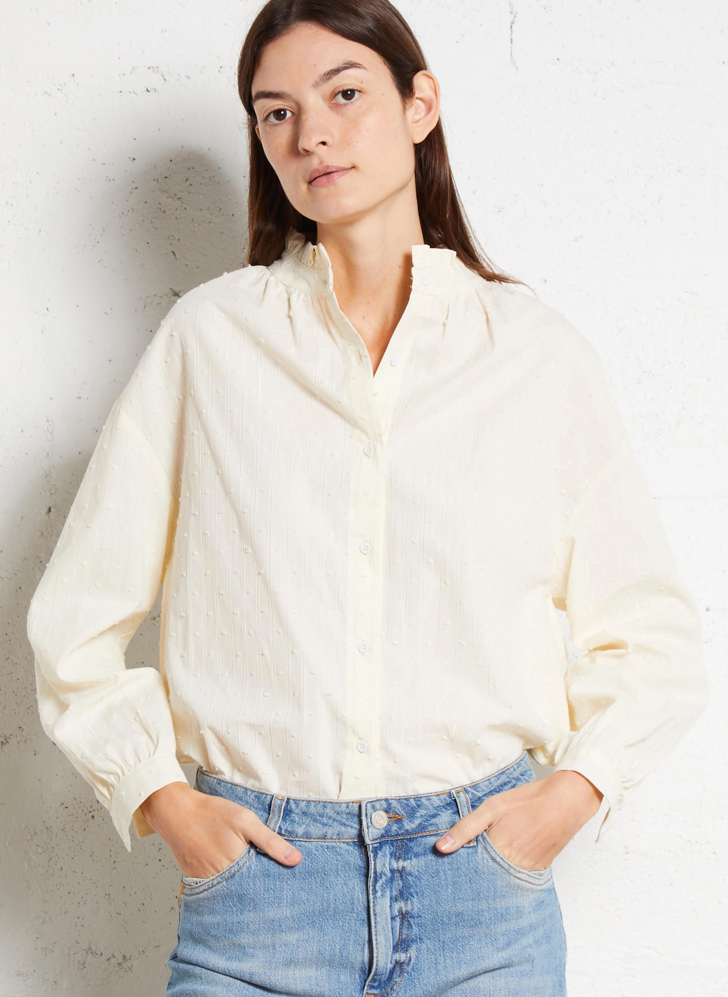Chemise ample col montant en coton mélangé | Beige