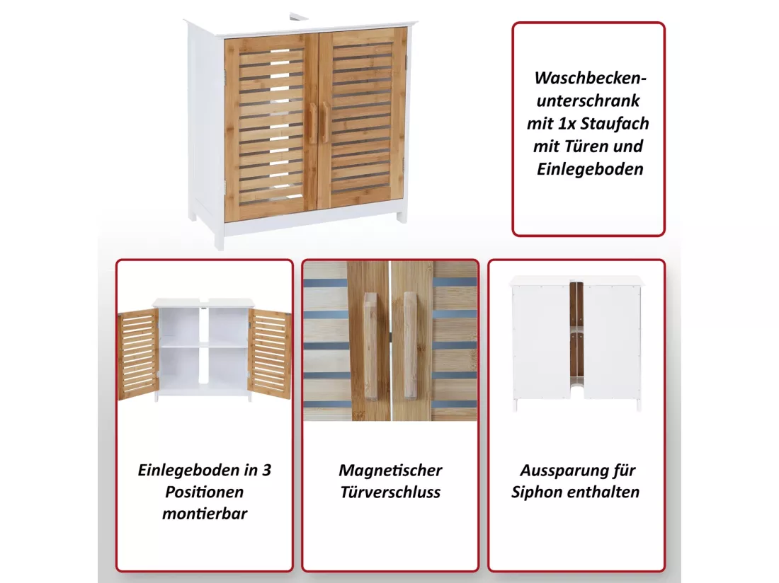 Meuble sous-lavabo MCW-B41, Meuble sous-vasque MCW-B41, bambou, blanc, 60x60x30cm