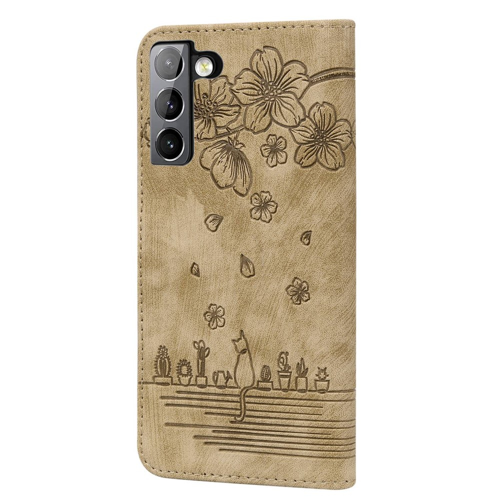 Samsung Galaxy S22 5G Leder Tasche Flip Cover Katze & Blumen Imprint - Braun