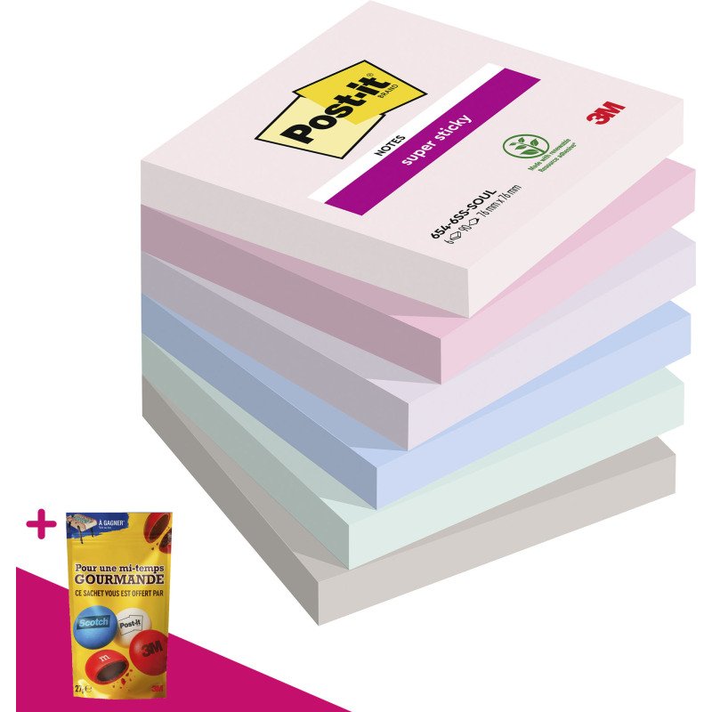 Notes repositionnables couleurs Soulful Super Sticky Post-it - bloc de 90 feuilles = Pour l'achat 12 notes repositionnables, 1 sachet de M&M OFFERT
