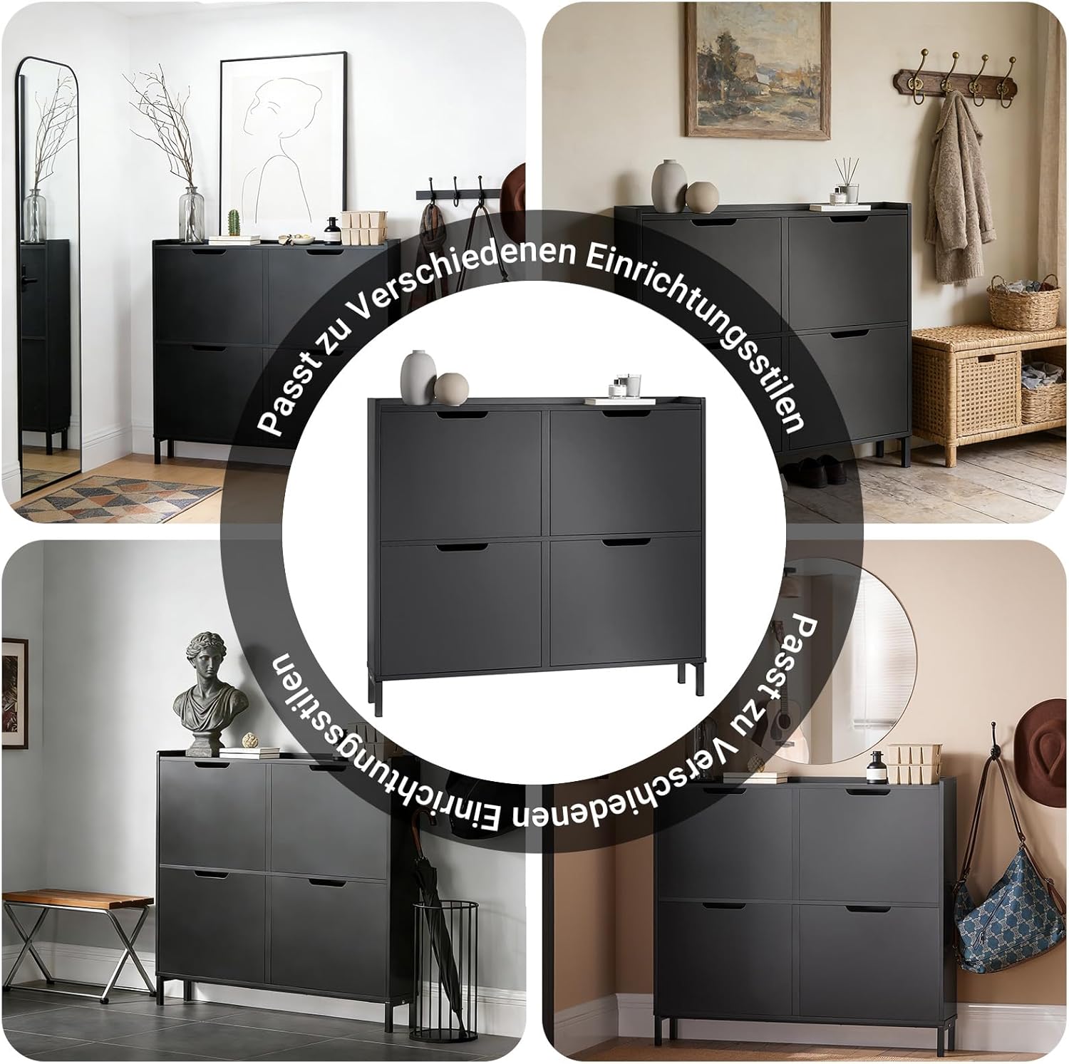 SoBuy Schuhschrank Schmal mit 4 Klappen platzsparender Schuhkipper Hoch Kommode mit 4 Ablagen Schuhregal geschlossen Flurschrank für Diele, Flur, Garderobe 100x91x19cm Schwarz FSR100-SCH