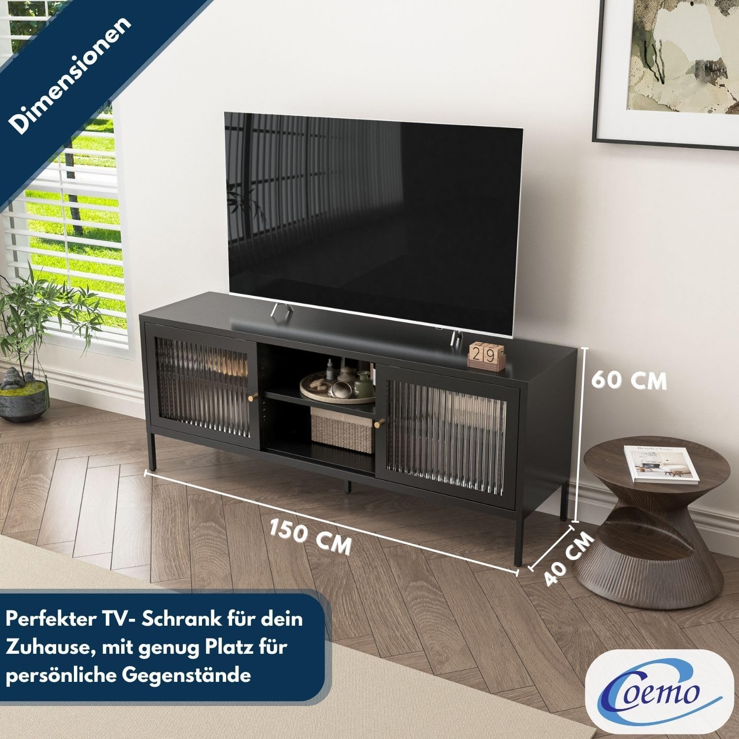 Modernes Sideboard 'Tokio' Schwarz - Praktisches Lowboard für Wohn- oder Schlafzimmer - Metall TV-Schrank mit Regalablage und schiebbaren Glastüren - Kommode für Fernseher, HiFi, Bücher, Dekoration