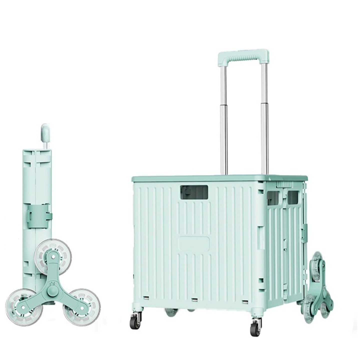 (42x37cm) Klappbarer Einkaufs Trolley Treppenwagen Transportbox Shopping Kiste Umzugswagen mit Rädern / Teleskop Griff - Mint