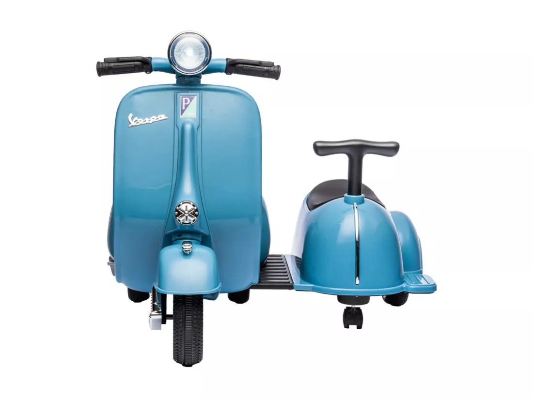 Scooter électrique enfant Vespa 6V bleu. 1 place avec porteur