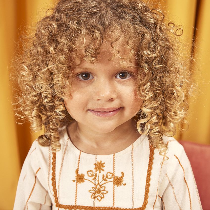 Robe manches longues à rayures brodées pour bébé fille - Ecru