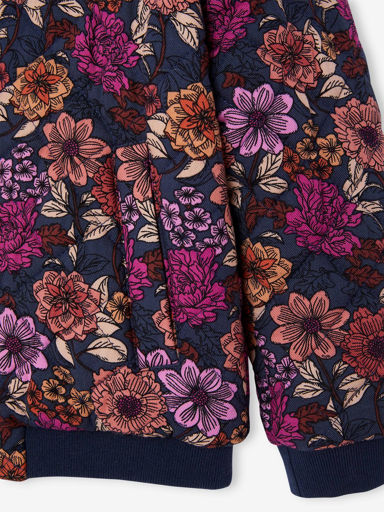 Jaqueta bomber acolchoada azul-escura com estampa floral para meninas