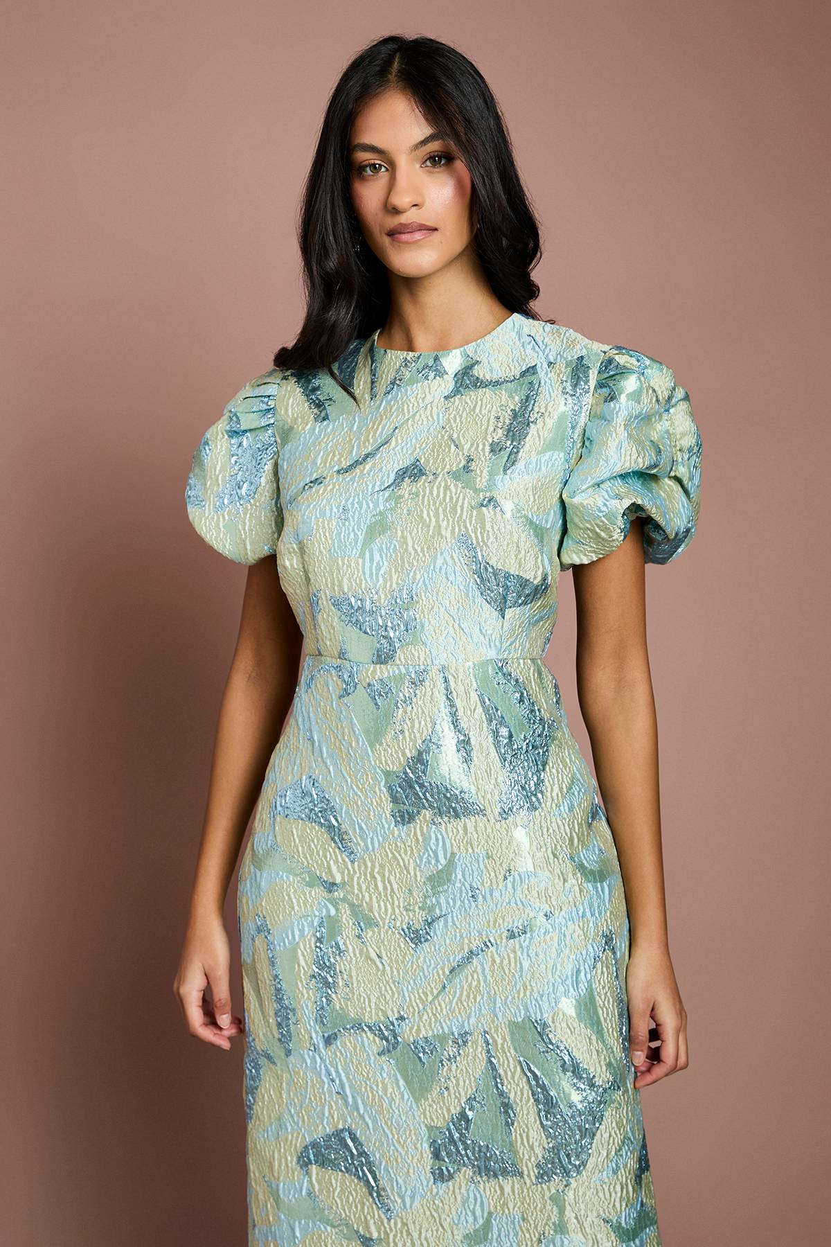 Coast Robe Crayon Petite À Manches Bouffantes En Jacquard Métallisé