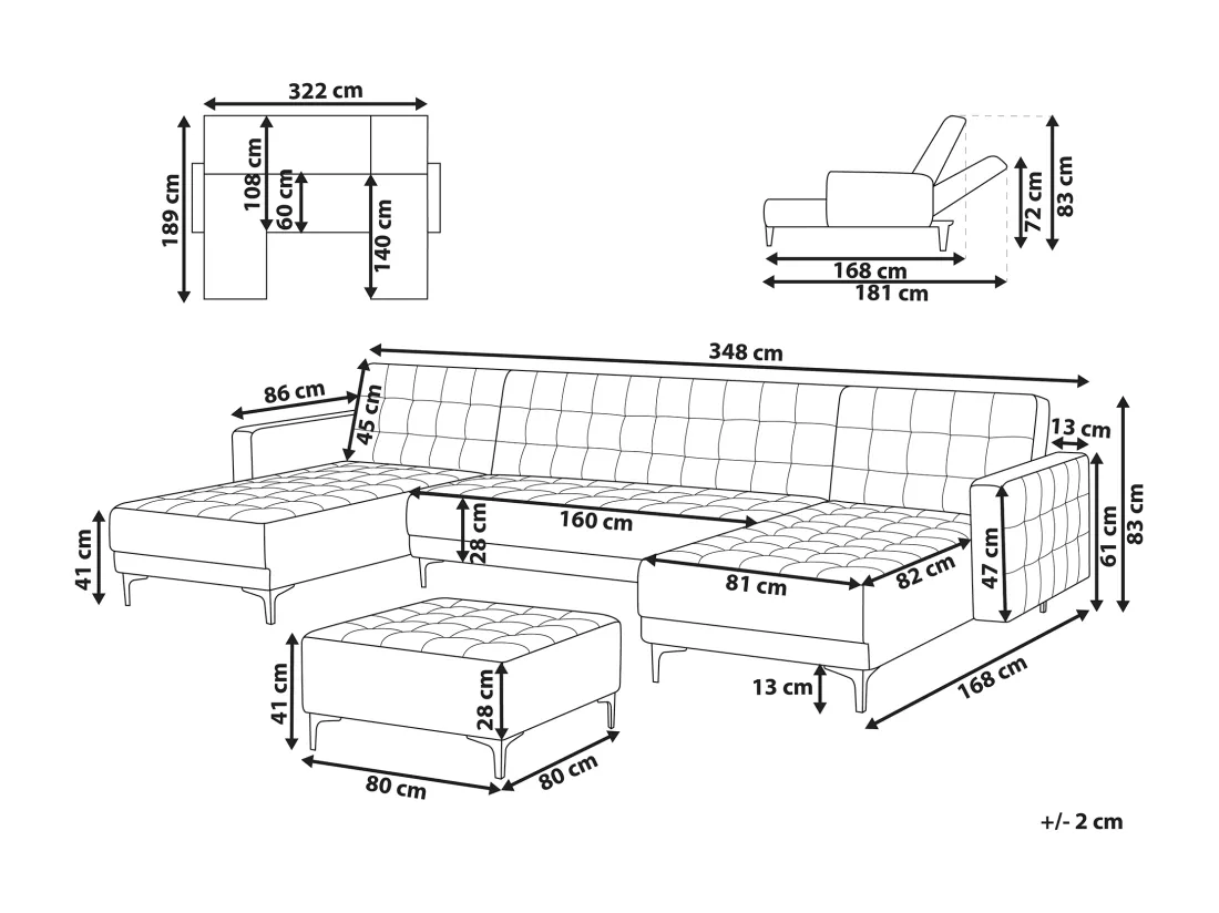 Canapé panoramique convertible en tissu marron foncé 5 places avec pouf ABERDEEN