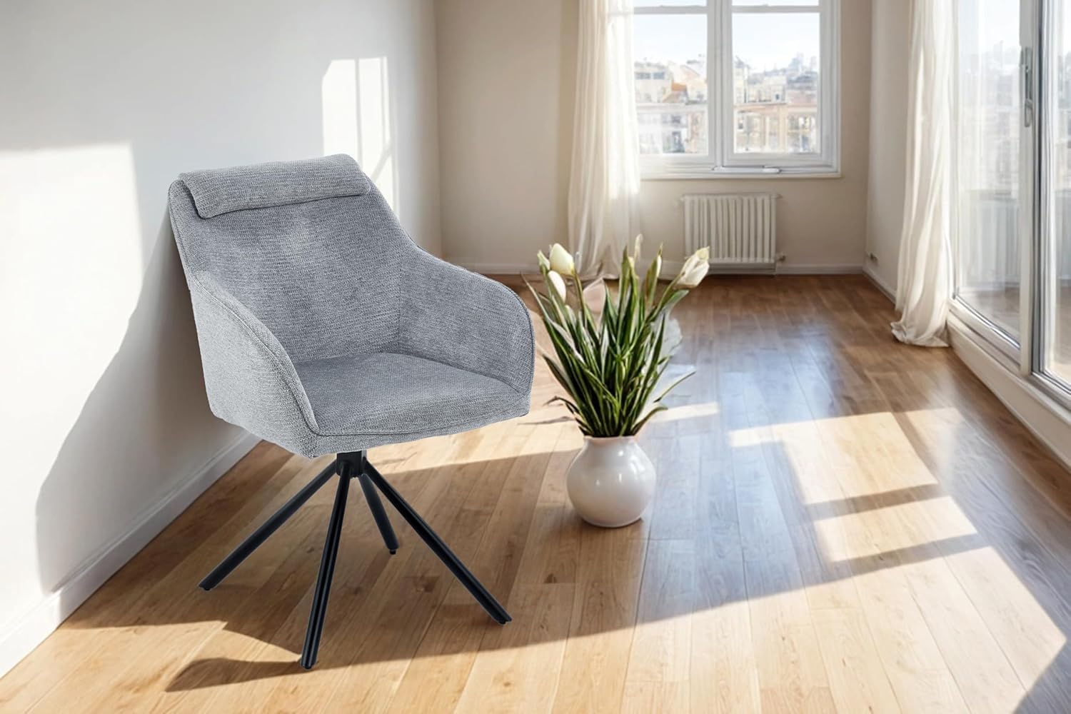 SAM 6er Set Esszimmerstuhl Mucki | Stoffbezug | Farbe: Silber | 360° drehbares Metallgestell | Integriertes Kopf- & Nackenkissen | Armlehnen | Drehstuhl für Esszimmer & Büro