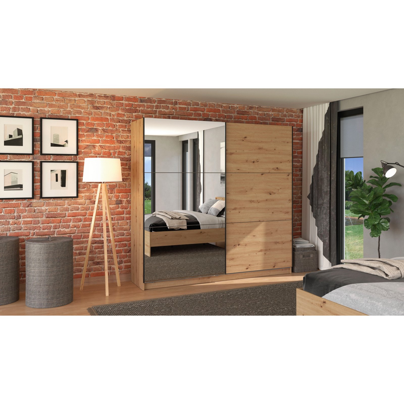 Schwebetürenschrank Sierra Melamin 217 x 210 x 62,5 cm, mit Spiegel artisan
