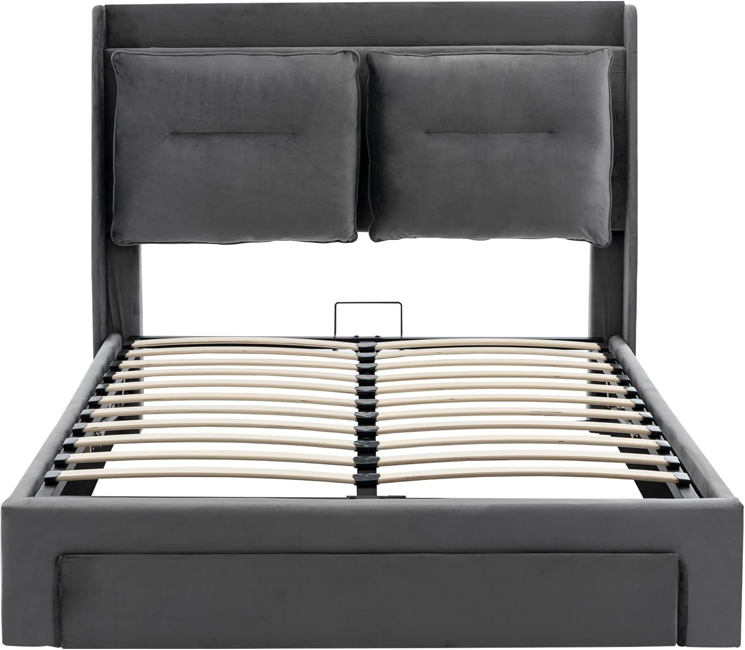 Bett 180x200cm, Polsterbett mit LED Licht und Schublade, Hydraulisches Bettgestell mit Stauraum, Oberfläche aus Samt, Doppelbett mit Lattenrost, ohne Matratze, Grau