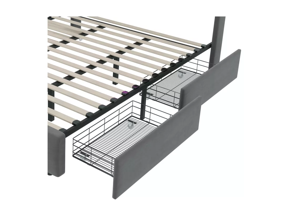 Lit double rembourré 140x200 cm Lit adulte avec lit gigogne éclairage LED 2 tiroirs ports USB et sommier à lattes - gris