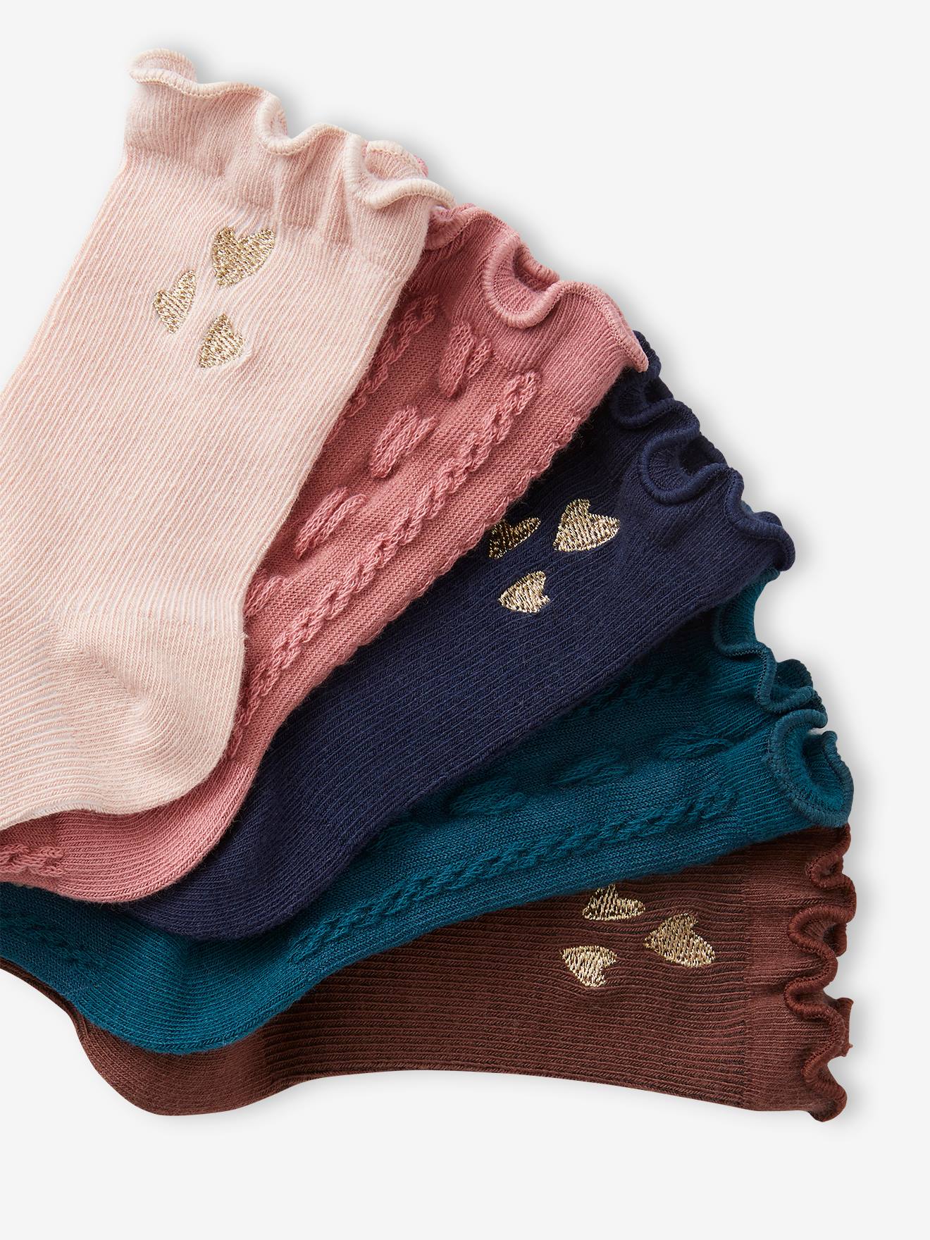 Pacote com 5 pares de meias rosa de malha canelada com estampa de coração para meninas