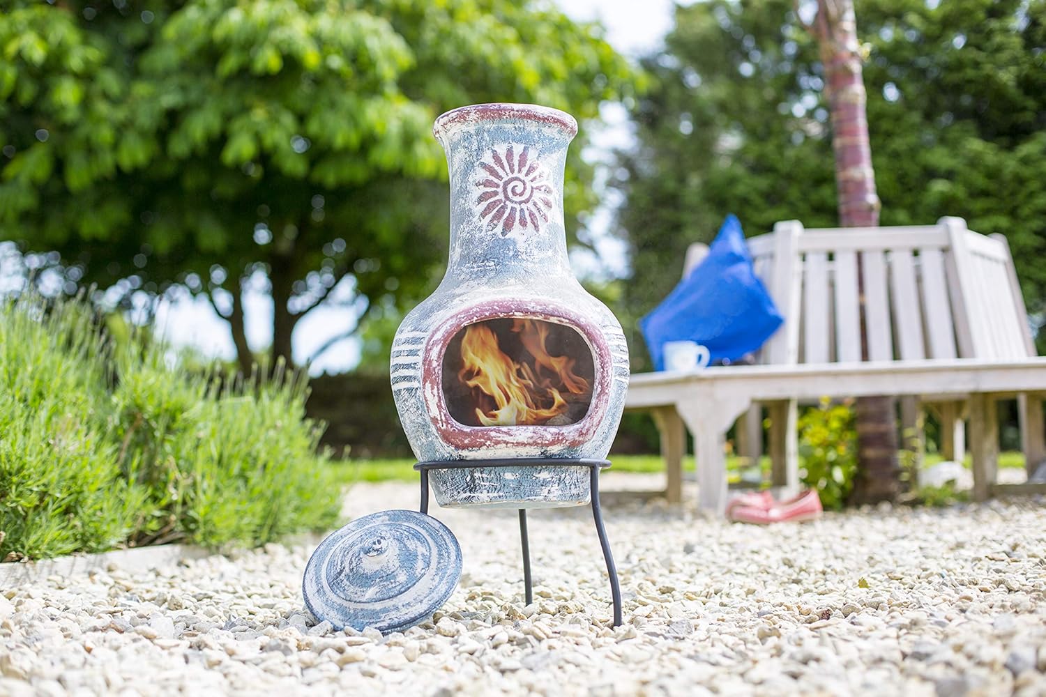La Hacienda 67034 Swirl Clay Chimenea - Patio Heater - Handmade - Traditional - Log Burner - Sea Blue & Red with Protective Rain Lid and Solid Metal Stand,Medium