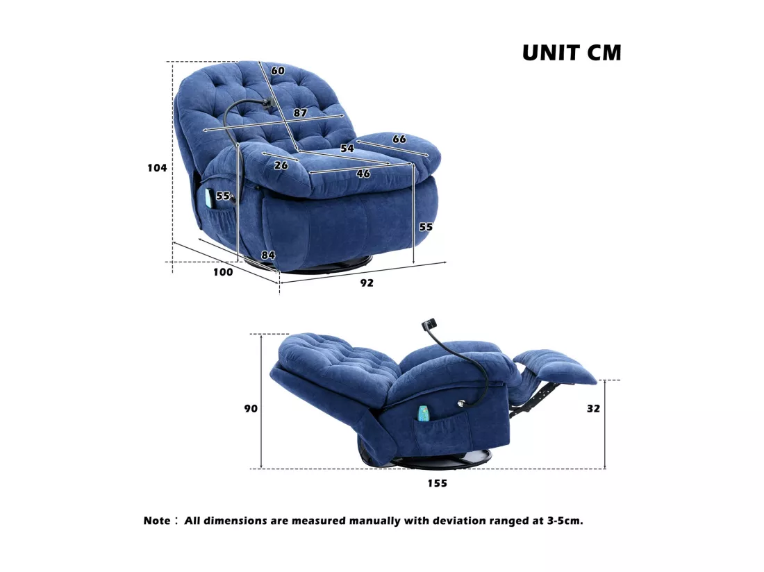 Fauteuil massant en tissu avec télécommande, pivotante et chauffée, 4 zones/5 modes/3 Minuteur, 155x92x90cm