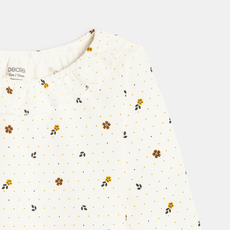 Tee-shirt fleuri col à volants marron bébé fille