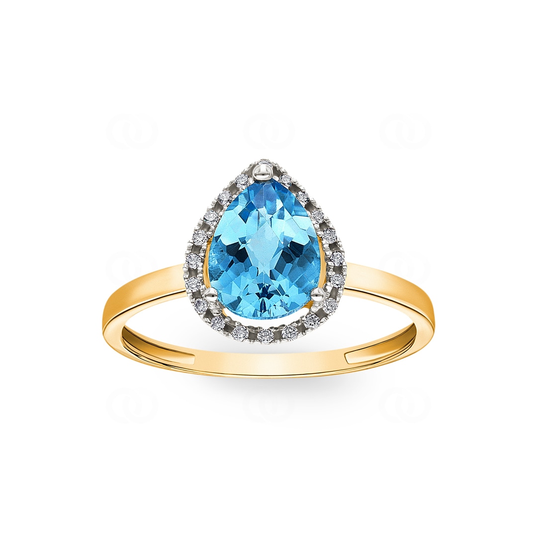 Damenring 750/18 K Gelbgold mit Blautopas Tropfen und Diamanten 0.06 ct H/si