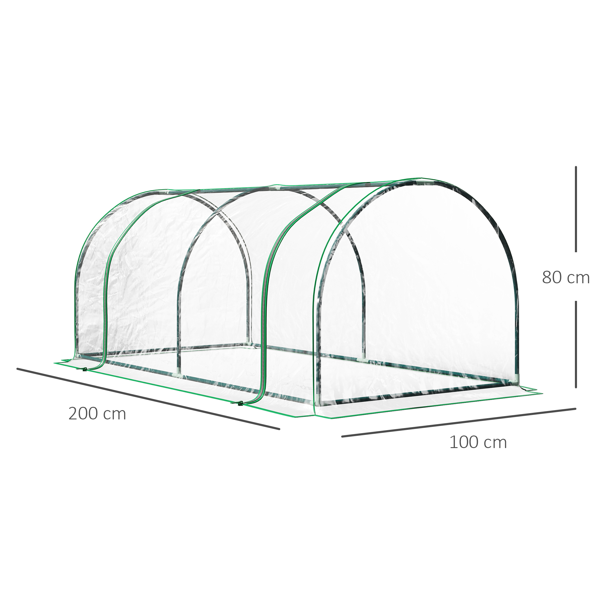 Miniestufa Outsunny 200x100x80 cm para cultivo de plantas em jardins e terraços, ideal para plantio de sementes em viveiros domésticos. Modelo tipo túnel com estrutura de aço e cobertura plástica transparente.
